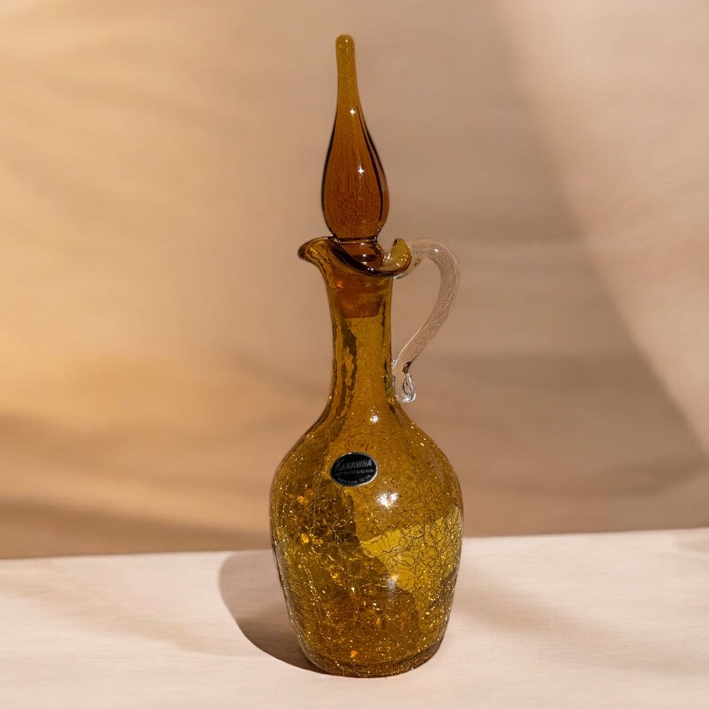 Vintage Kanawha Amber Crackle Glass Genie Decanter 13” MCM Bottle w/ Stopper